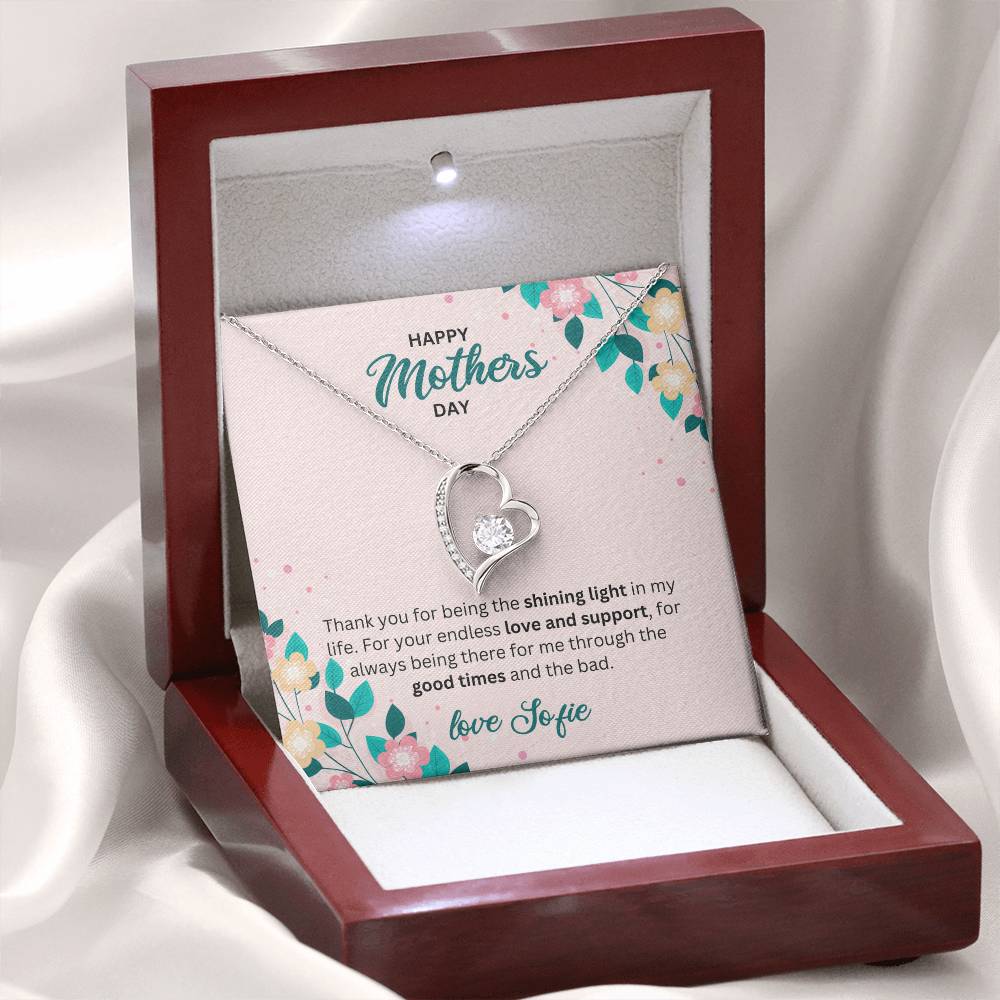 Happy Mothers Day - Gold Finish Heart  Necklace in a Mahogany Gift Box with a Custom Message Card - Gift from Son / Daughter For Mom