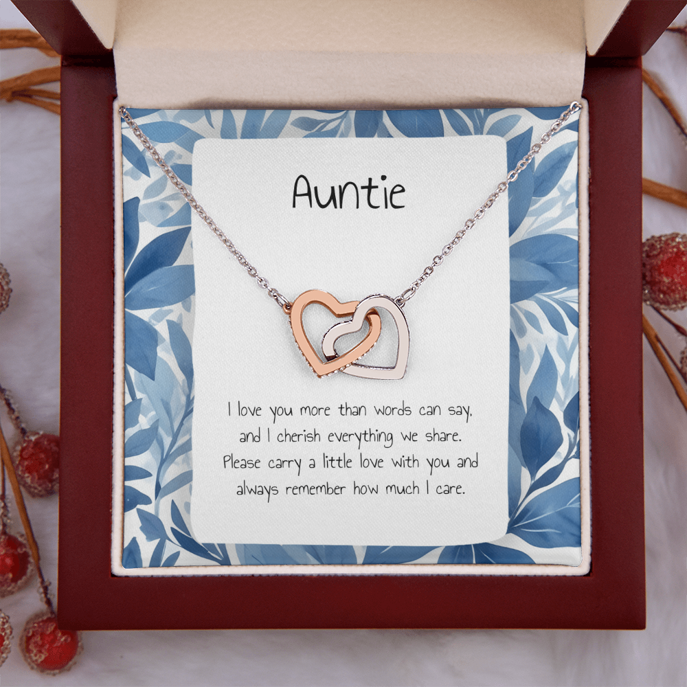 Present For Auntie - Interlocking Heart Necklace - Personalised Message Card - Birthday Christmas Gift For Aunt