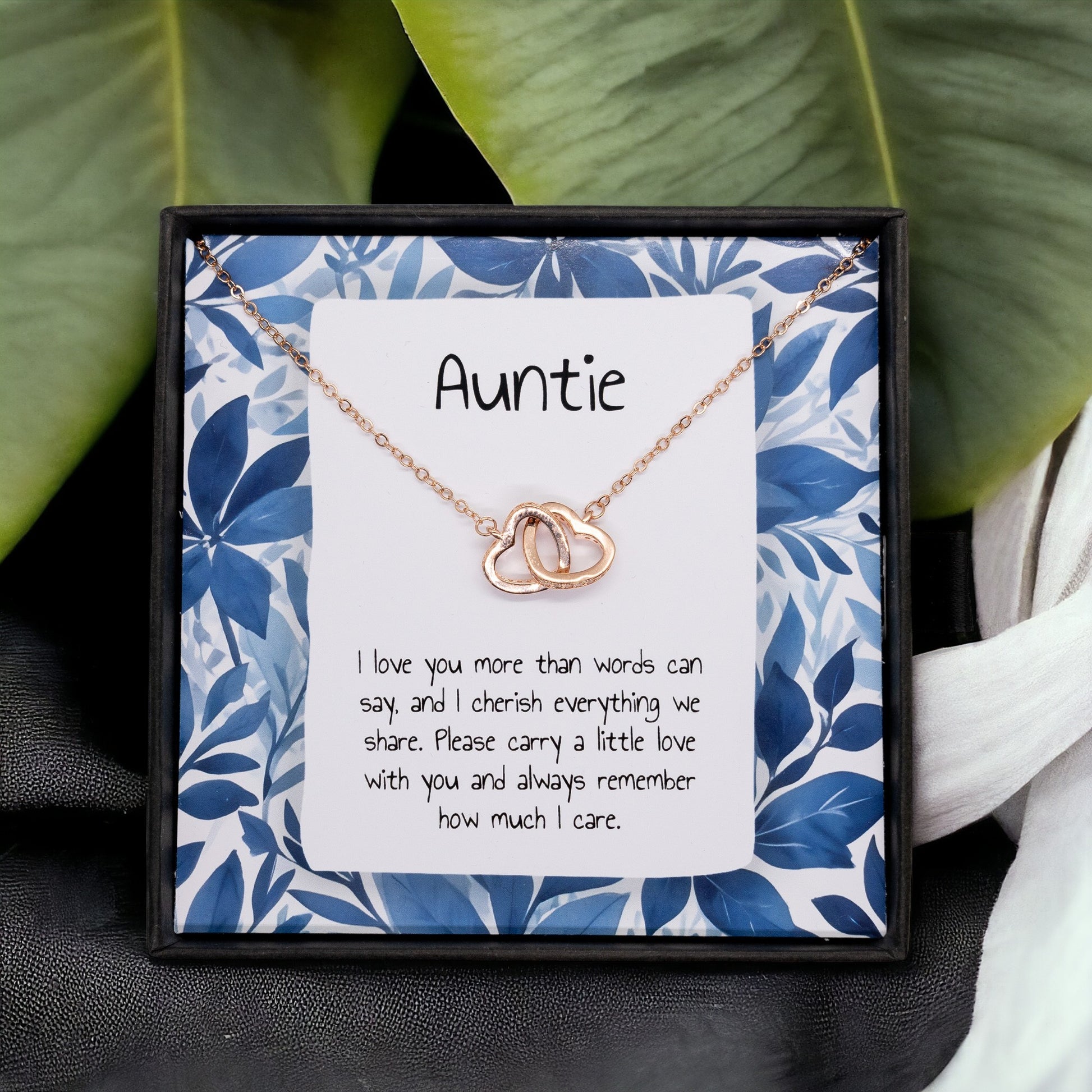 Present For Auntie - Interlocking Heart Necklace - Personalised Message Card - Birthday Christmas Gift For Aunt