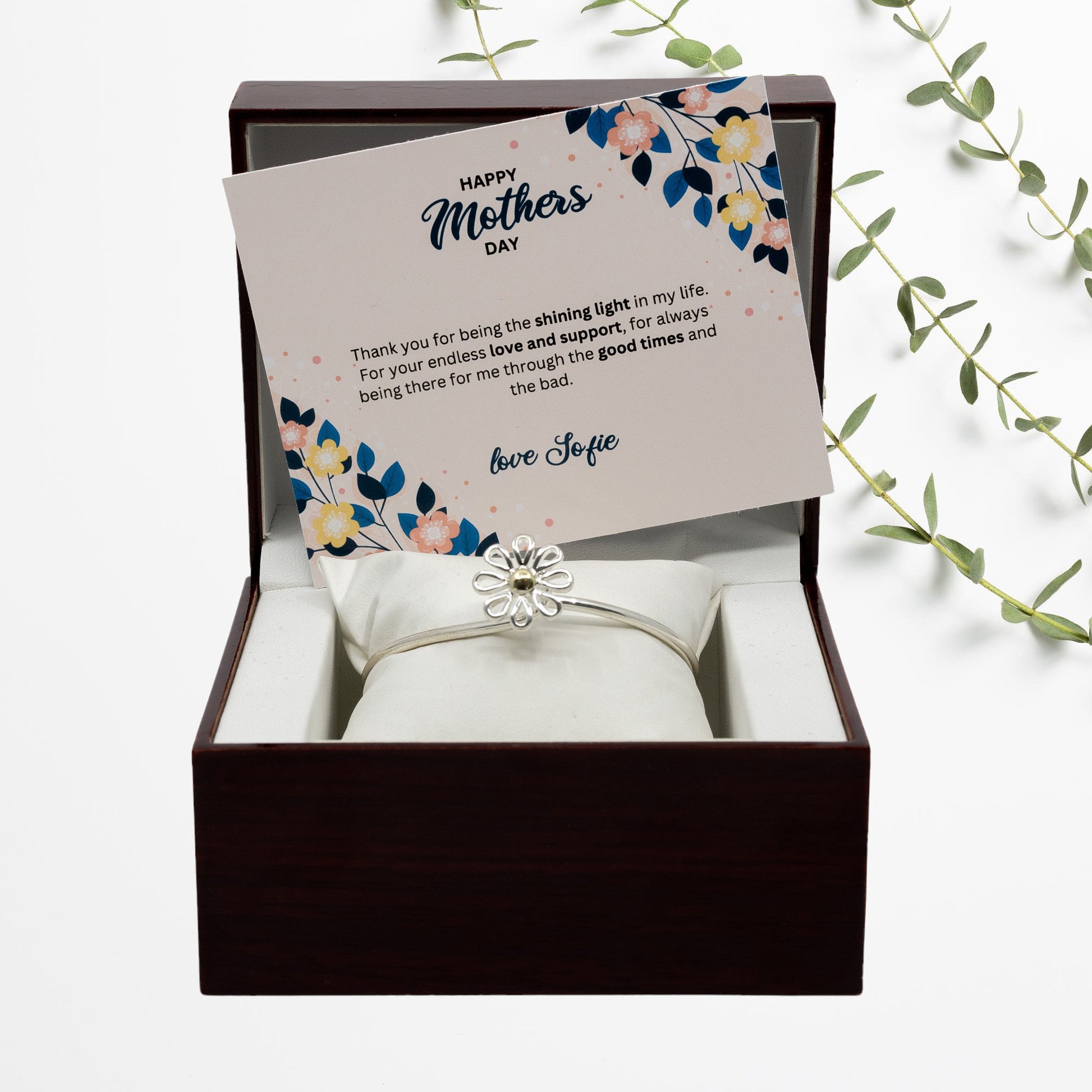 Happy Mothers Day - Sterling Silver Bangle - Wooden Box with Floral Custom Message Card - Gift For Her -Gift From Son / Daughter