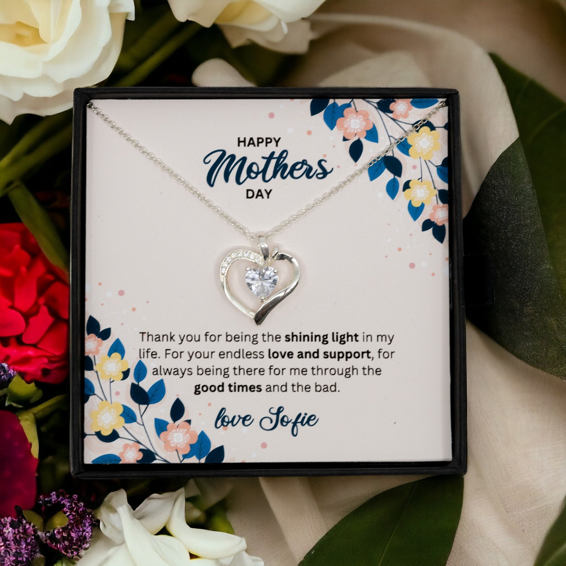 Happy Mothers Day - Choice of Silver Necklaces in a Mahogany Gift Box with a Custom Message Card - Gift from Son / Daughter For Mom