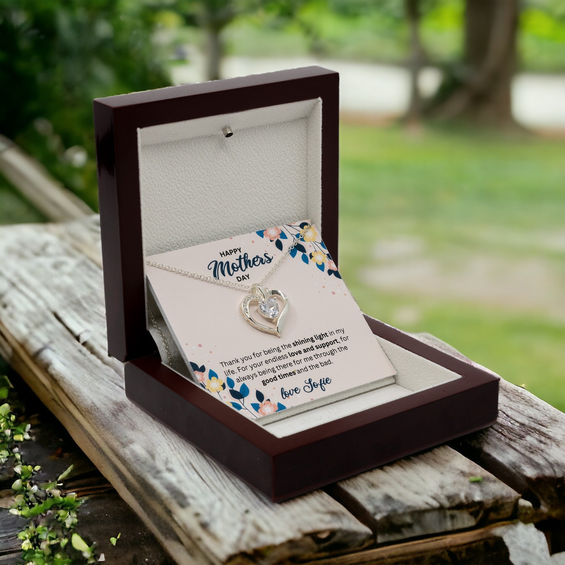 Happy Mothers Day - Choice of Silver Necklaces in a Mahogany Gift Box with a Custom Message Card - Gift from Son / Daughter For Mom