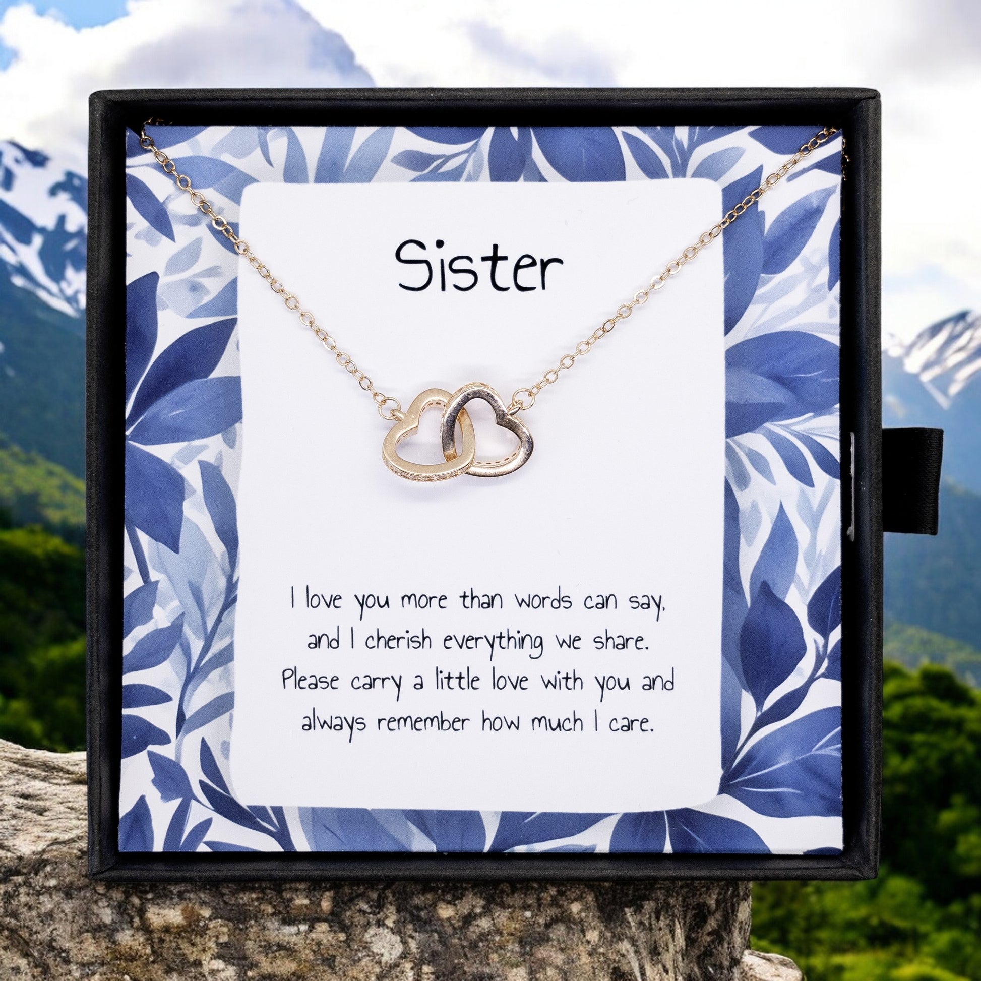 Gift For Sister - Interlocking Heart Necklace - Personalised Message Card