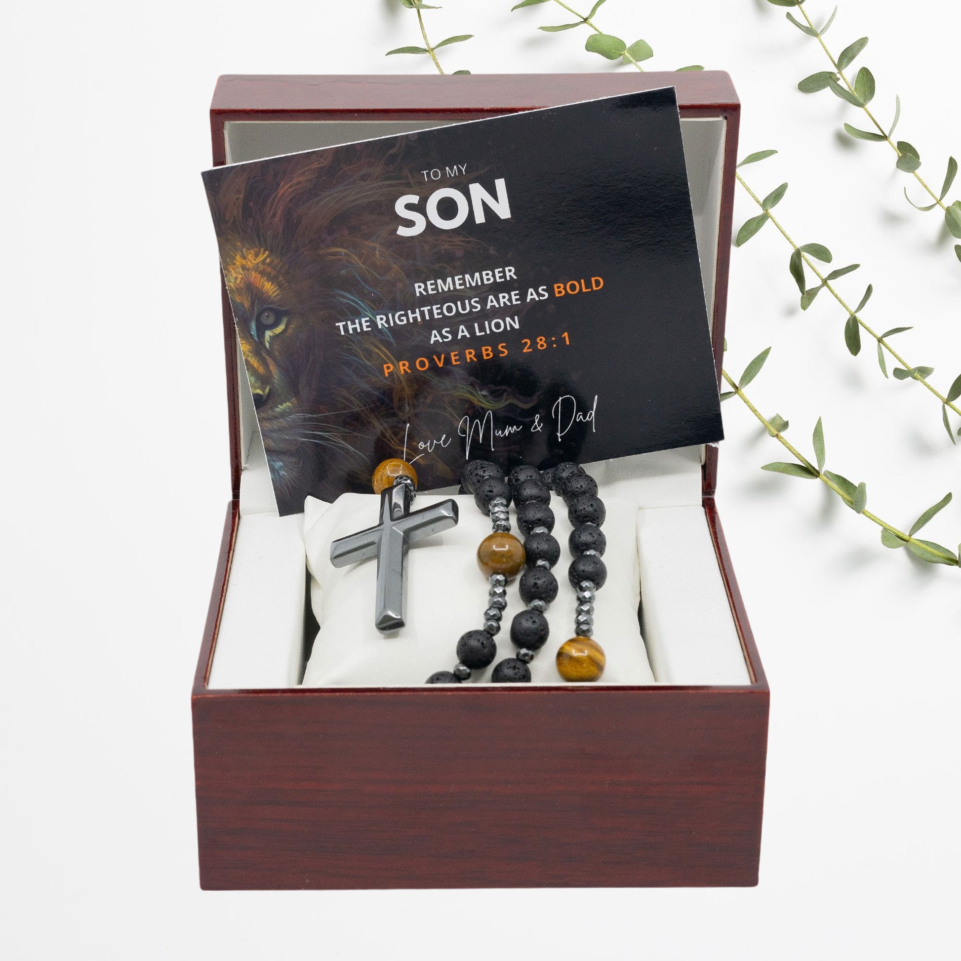 To My Son - Beautiful Volcanic Rock Rosary Beads With Inspirational Custom Message card for Sons Birthday, Baptism