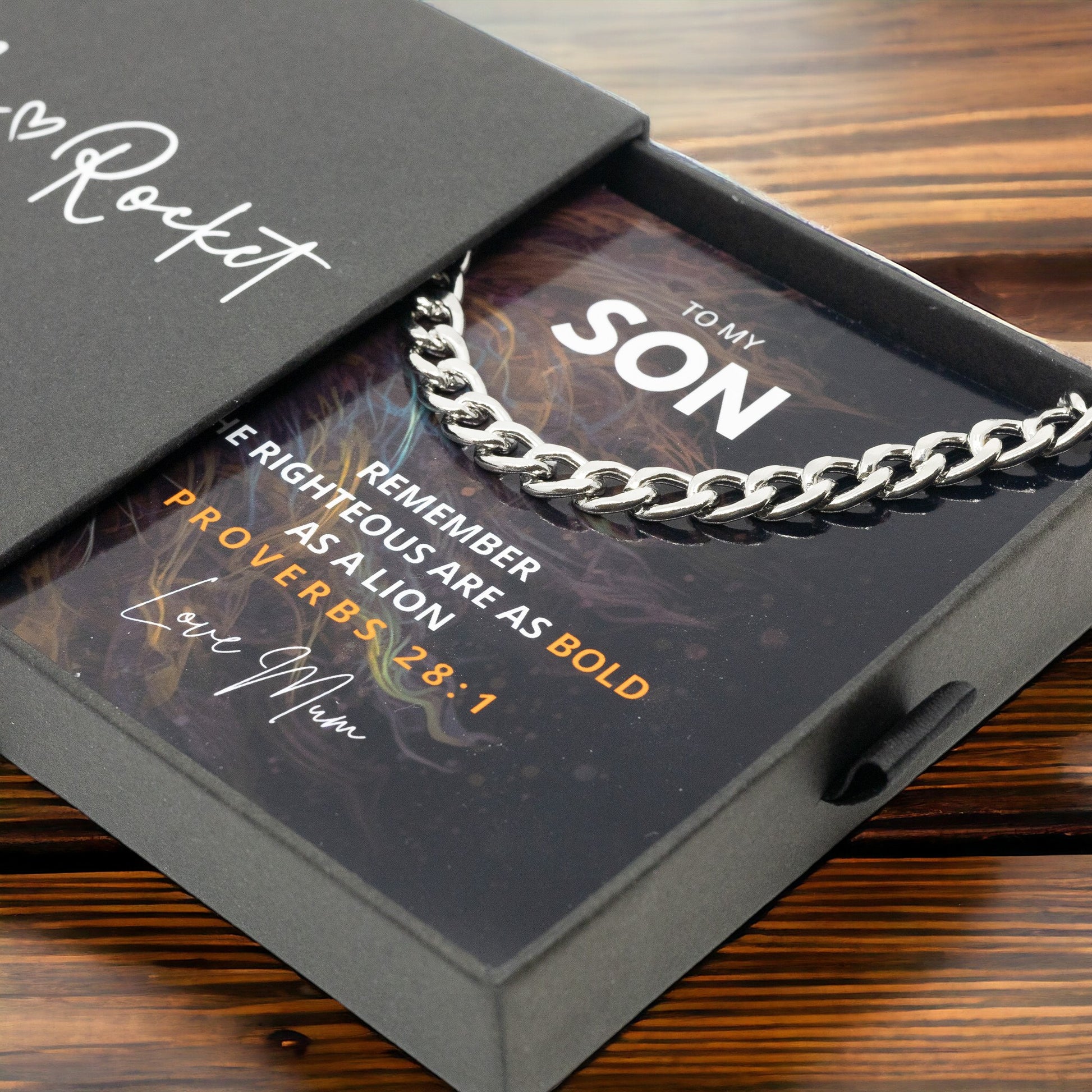 To My Son - Stainless Steel 50cm Curb Chain - Proverb Lion Message Card Gift For Birthday / Christmas