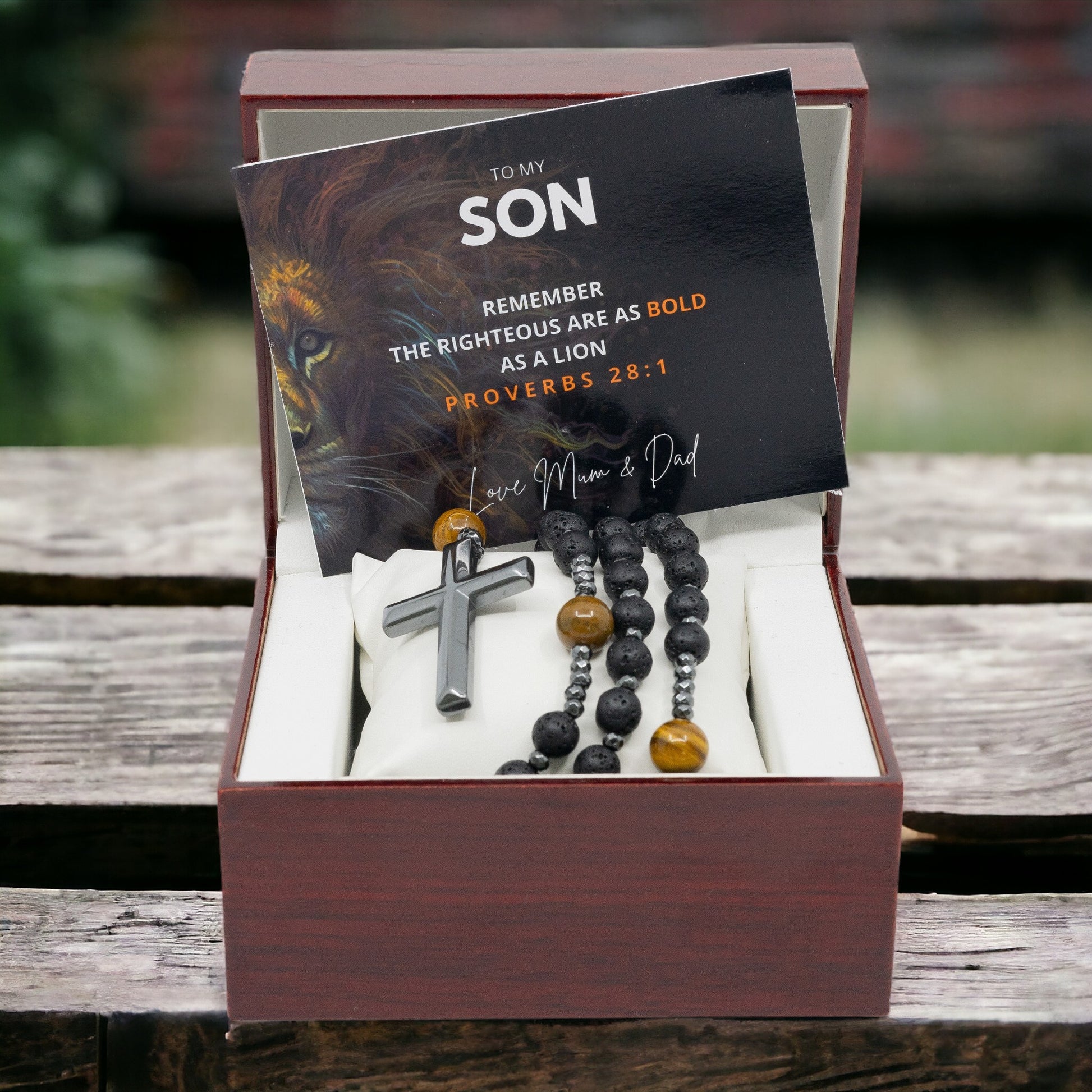 To My Son - Beautiful Volcanic Rock Rosary Beads With Inspirational Custom Message card for Sons Birthday, Baptism